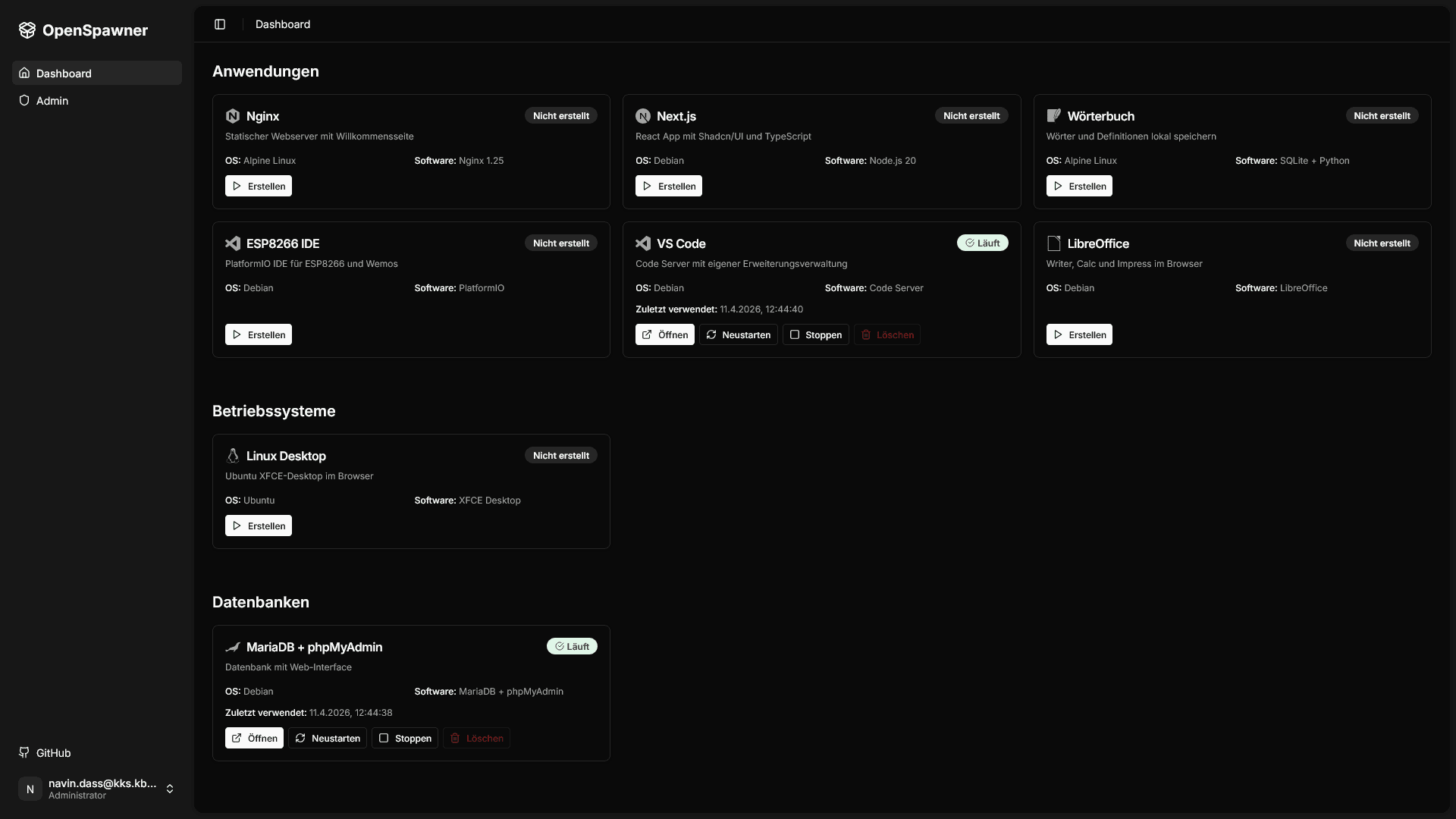 The OpenSpawner dashboard showing the template catalog, grouped by applications, operating systems, and databases.
